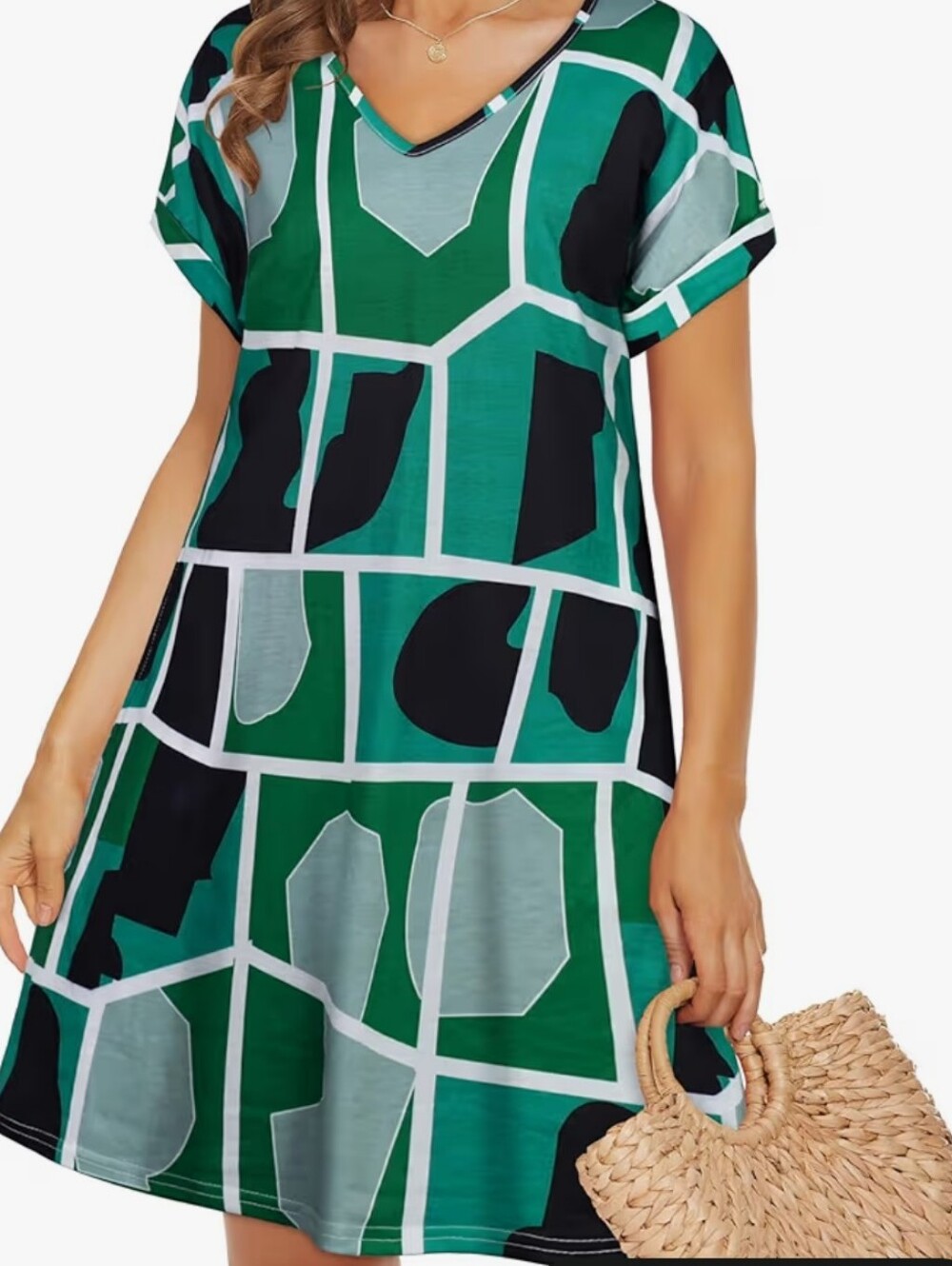 Green Geometric V-Neck Sundress